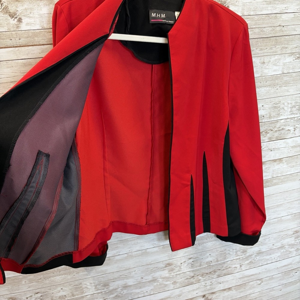 MHM Melissa Harper Womens 12 Jacket Red Black Colorblock Godet Y2K Blazer - Picture 5 of 10